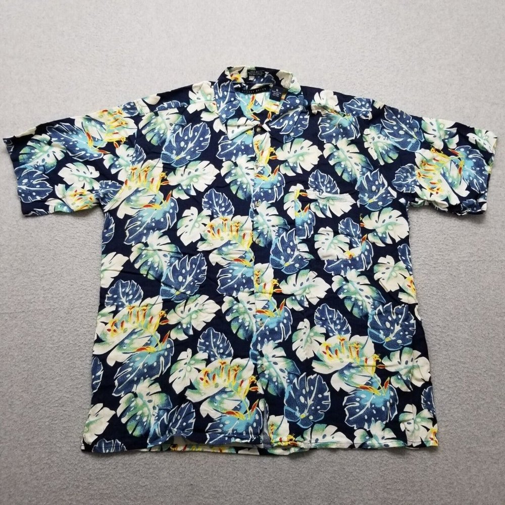 Robert Stock Shirt Mens XL Blue Hawaiian Floral Button Up Short‎ Sleeve Rayon